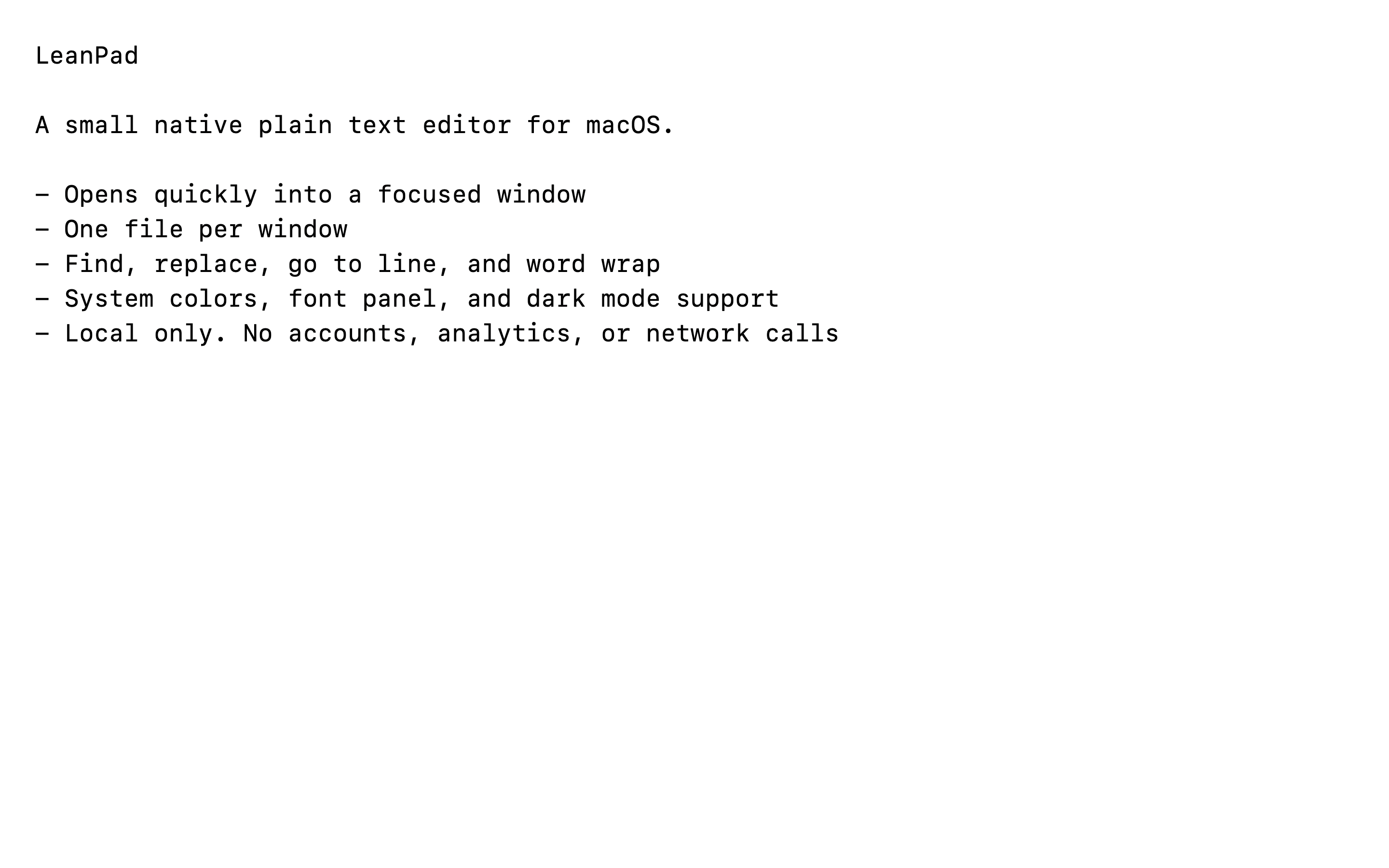 LeanPad running on macOS with a plain text document open.